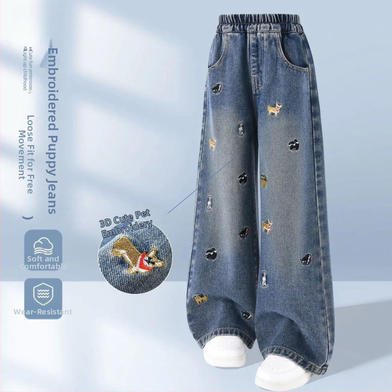 Mergaitėms džinsinės plačios kelnės, su fliso pamušalu, elastinis juosmuo, tankus audinys, skirtos 1-3 metų vaikams