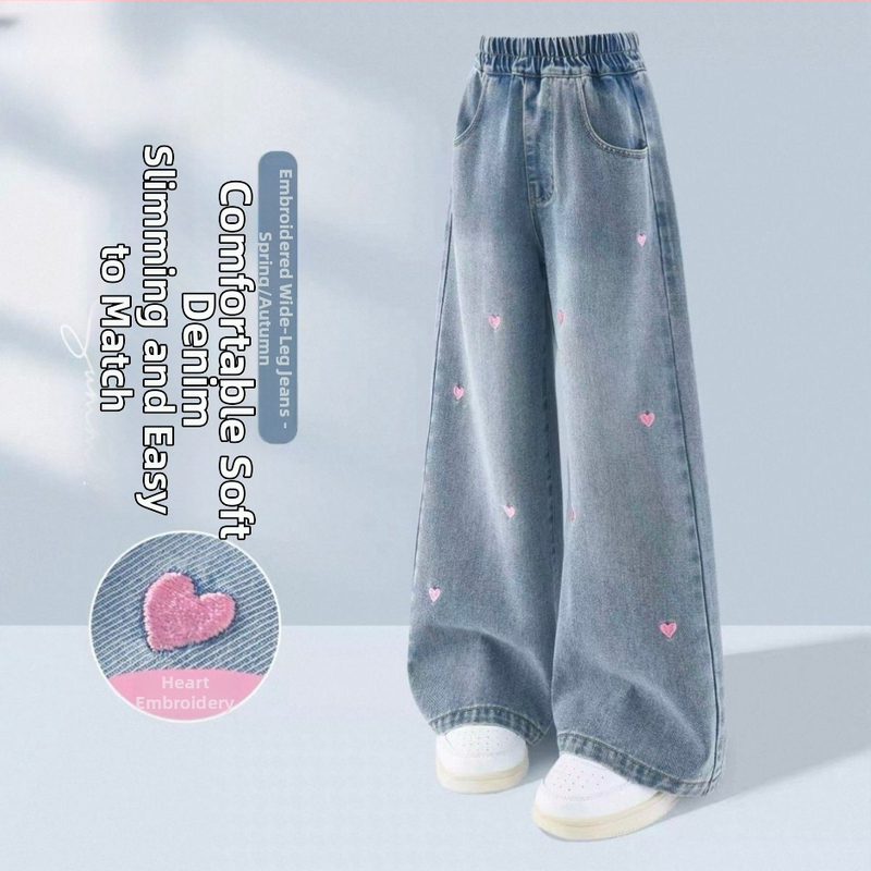 Mergaitėms džinsinės plačios kelnės, su fliso pamušalu, elastinis juosmuo, tankus audinys, skirtos 1-3 metų vaikams