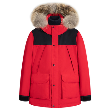 Férfi kapucnis pehely parka dzseki, kacsa pehelytöltés 90%, 550 töltési teljesítmény, szélálló, középmagas hossz, munkaruházati stílus