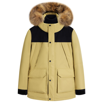 Férfi kapucnis pehely parka dzseki, kacsa pehelytöltés 90%, 550 töltési teljesítmény, szélálló, középmagas hossz, munkaruházati stílus