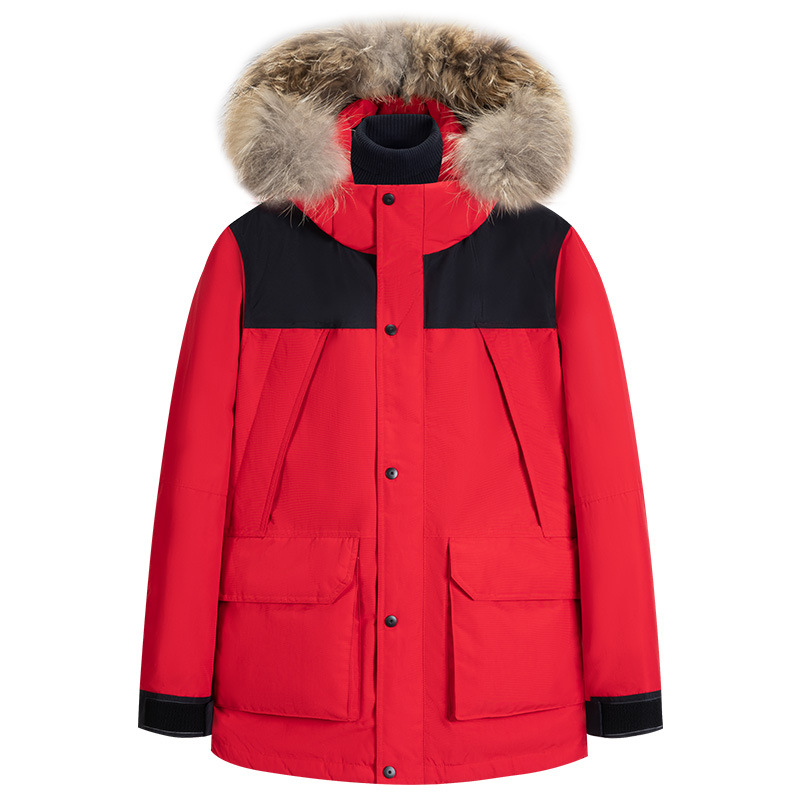 Férfi kapucnis pehely parka dzseki, kacsa pehelytöltés 90%, 550 töltési teljesítmény, szélálló, középmagas hossz, munkaruházati stílus