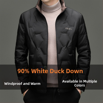 Férfi téli pehelydzseki, álló gallér, cipzáras zárás, téli meleg, lazább szabás