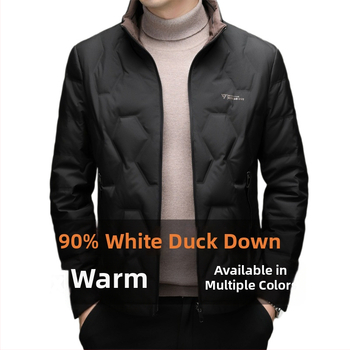 Férfi téli pehelydzseki, álló gallér, cipzáras zárás, téli meleg, lazább szabás