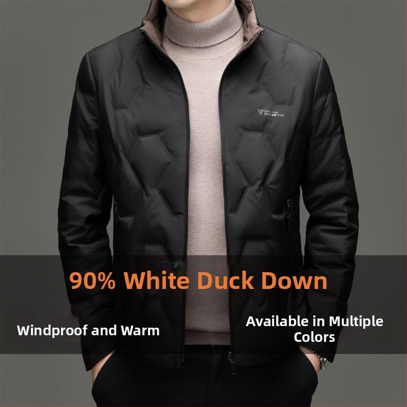 Férfi téli pehelydzseki, álló gallér, cipzáras zárás, téli meleg, lazább szabás