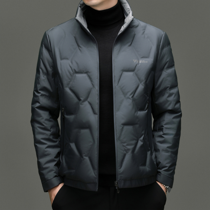 Férfi téli pehelydzseki, álló gallér, cipzáras zárás, téli meleg, lazább szabás