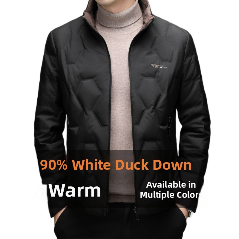 Férfi téli pehelydzseki, álló gallér, cipzáras zárás, téli meleg, lazább szabás