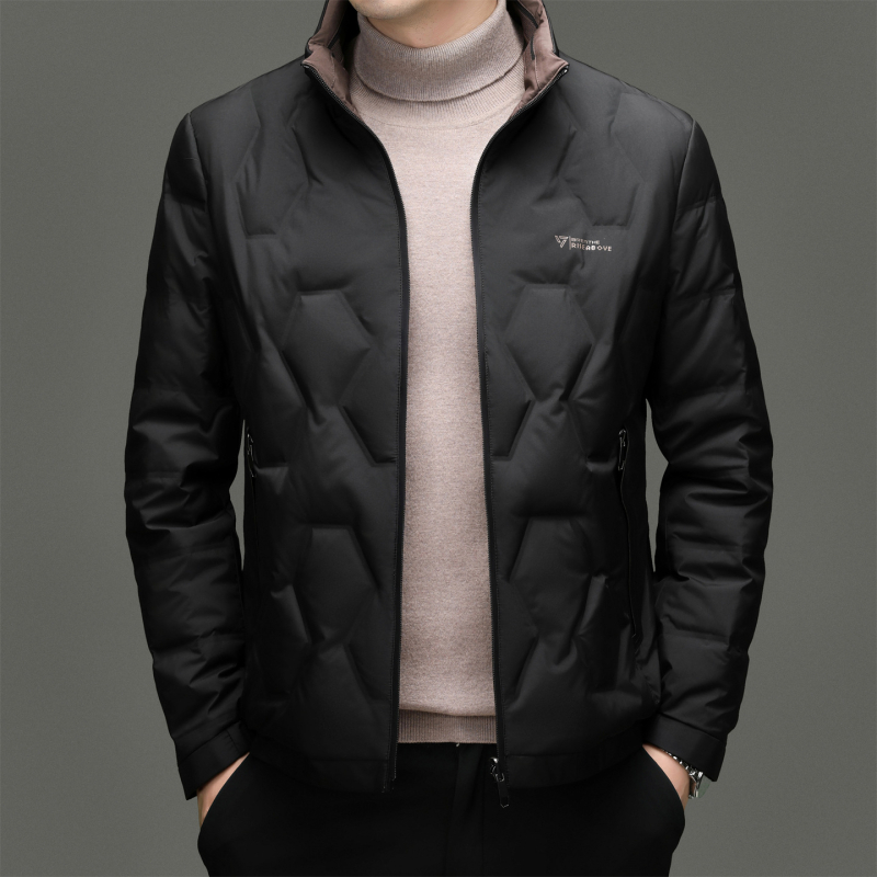 Férfi téli pehelydzseki, álló gallér, cipzáras zárás, téli meleg, lazább szabás