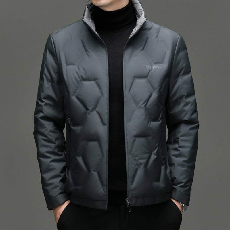 Férfi téli pehelydzseki, álló gallér, cipzáras zárás, téli meleg, lazább szabás