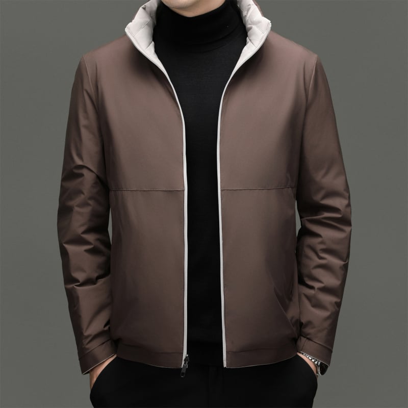 Férfi téli pehelydzseki, álló gallér, cipzáras zárás, téli meleg, lazább szabás