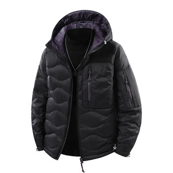 Férfi téli kapucnis pehelydzseki, rövid fazon, fehér kacsa toll 46–50% tartalom, 50–160 g töltet, külső anyag nylon