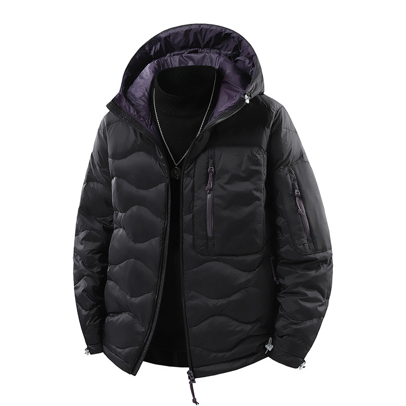 Férfi téli kapucnis pehelydzseki, rövid fazon, fehér kacsa toll 46–50% tartalom, 50–160 g töltet, külső anyag nylon