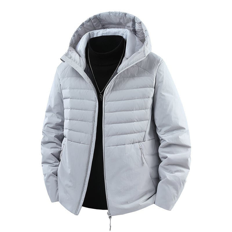 Férfi téli kapucnis pehelydzseki, rövid fazon, fehér kacsa toll 46–50% tartalom, 50–160 g töltet, külső anyag nylon