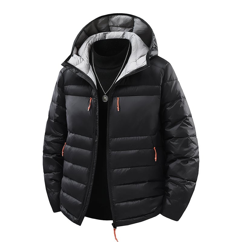 Férfi téli kapucnis pehelydzseki, rövid fazon, fehér kacsa toll 46–50% tartalom, 50–160 g töltet, külső anyag nylon