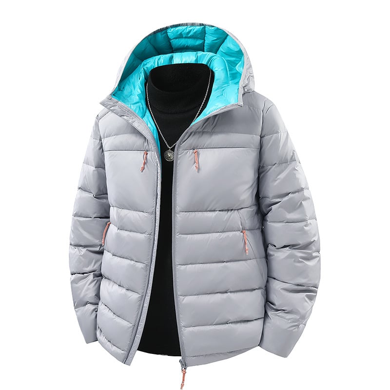 Férfi téli kapucnis pehelydzseki, rövid fazon, fehér kacsa toll 46–50% tartalom, 50–160 g töltet, külső anyag nylon