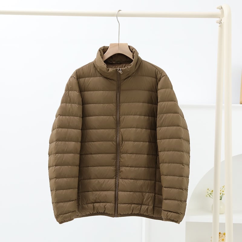 Férfi téli vékony dzseki álló gallérral, elöl cipzár, könnyű, 91–95% pehelytartalom, poliészter anyag