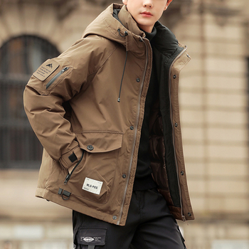 Férfi vastag téli pehelydzseki kapucnival, kacsa tollal töltve, tolltartalom 86–90%, cipzár, álló gallér