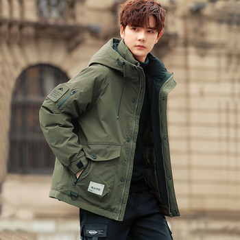 Férfi vastag téli pehelydzseki kapucnival, kacsa tollal töltve, tolltartalom 86–90%, cipzár, álló gallér