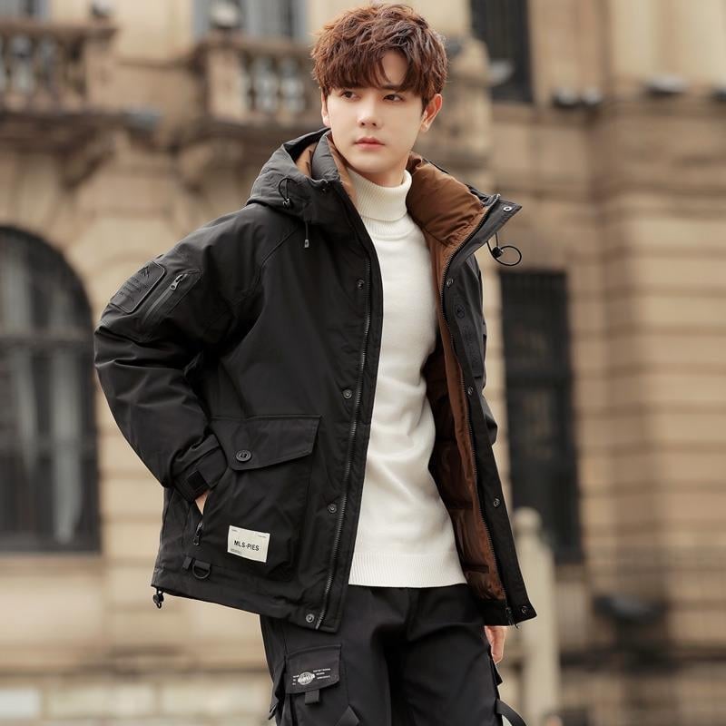 Férfi vastag téli pehelydzseki kapucnival, kacsa tollal töltve, tolltartalom 86–90%, cipzár, álló gallér