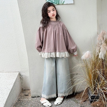 Meiteņu korduroja divu daļu komplekts: garām piedurknēm tops un bikses, rudens sezona, mīksts audums