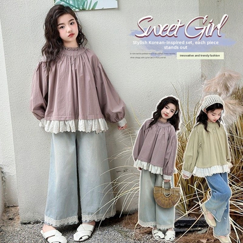 Meiteņu korduroja divu daļu komplekts: garām piedurknēm tops un bikses, rudens sezona, mīksts audums