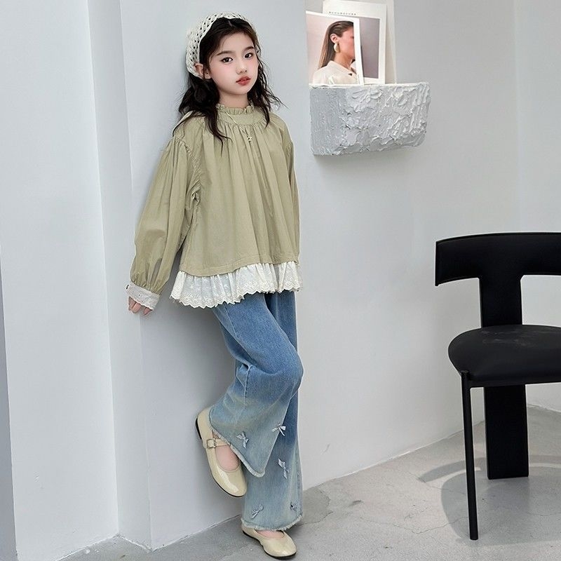 Meiteņu korduroja divu daļu komplekts: garām piedurknēm tops un bikses, rudens sezona, mīksts audums