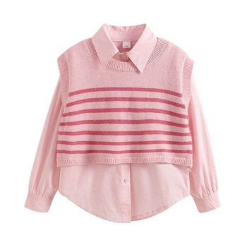 Meiteņu trīsdaļīgs komplekts rudens stilā, svītrainais raksts, princeses stils, garas piedurknes, viena pogas aizdare, džinsu bikses