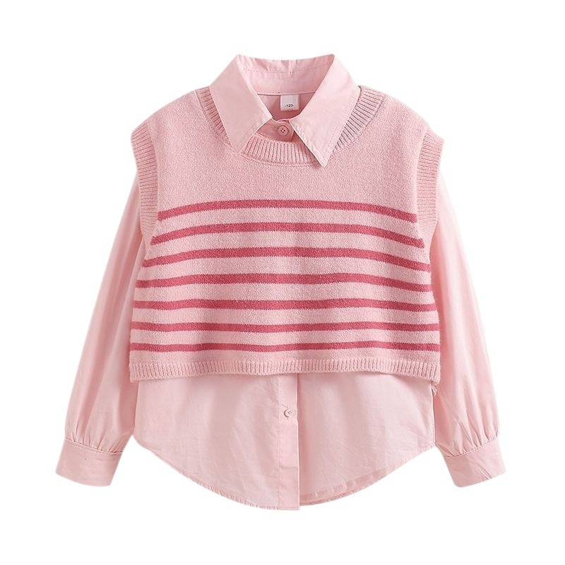 Meiteņu trīsdaļīgs komplekts rudens stilā, svītrainais raksts, princeses stils, garas piedurknes, viena pogas aizdare, džinsu bikses