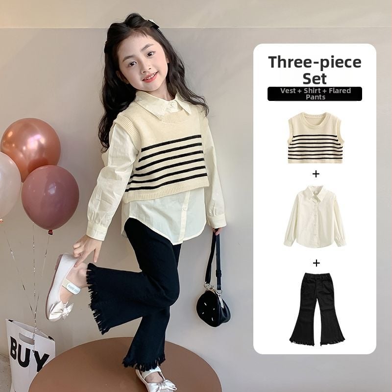 Meiteņu trīsdaļīgs komplekts rudens stilā, svītrainais raksts, princeses stils, garas piedurknes, viena pogas aizdare, džinsu bikses