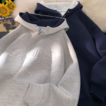 Američki stil teški hoodie s kapuljom, logotipom od metalnog pečata s slovima, opušteni casual kroj, fleece podstava za jesen i zimu, urban street stil