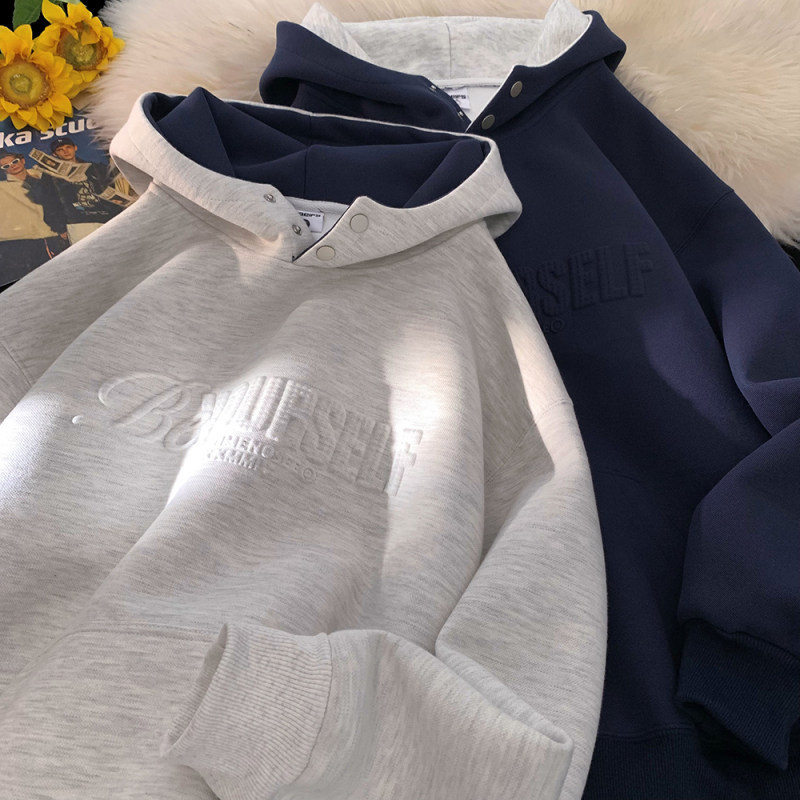 Američki stil teški hoodie s kapuljom, logotipom od metalnog pečata s slovima, opušteni casual kroj, fleece podstava za jesen i zimu, urban street stil