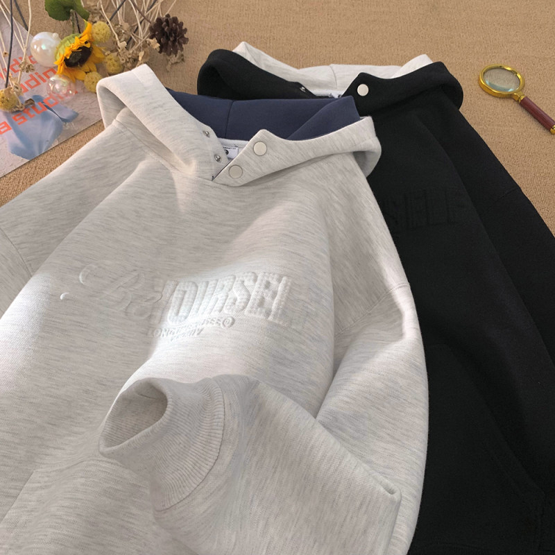 Američki stil teški hoodie s kapuljom, logotipom od metalnog pečata s slovima, opušteni casual kroj, fleece podstava za jesen i zimu, urban street stil