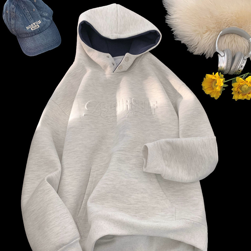 Američki stil teški hoodie s kapuljom, logotipom od metalnog pečata s slovima, opušteni casual kroj, fleece podstava za jesen i zimu, urban street stil