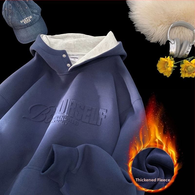 Američki stil teški hoodie s kapuljom, logotipom od metalnog pečata s slovima, opušteni casual kroj, fleece podstava za jesen i zimu, urban street stil
