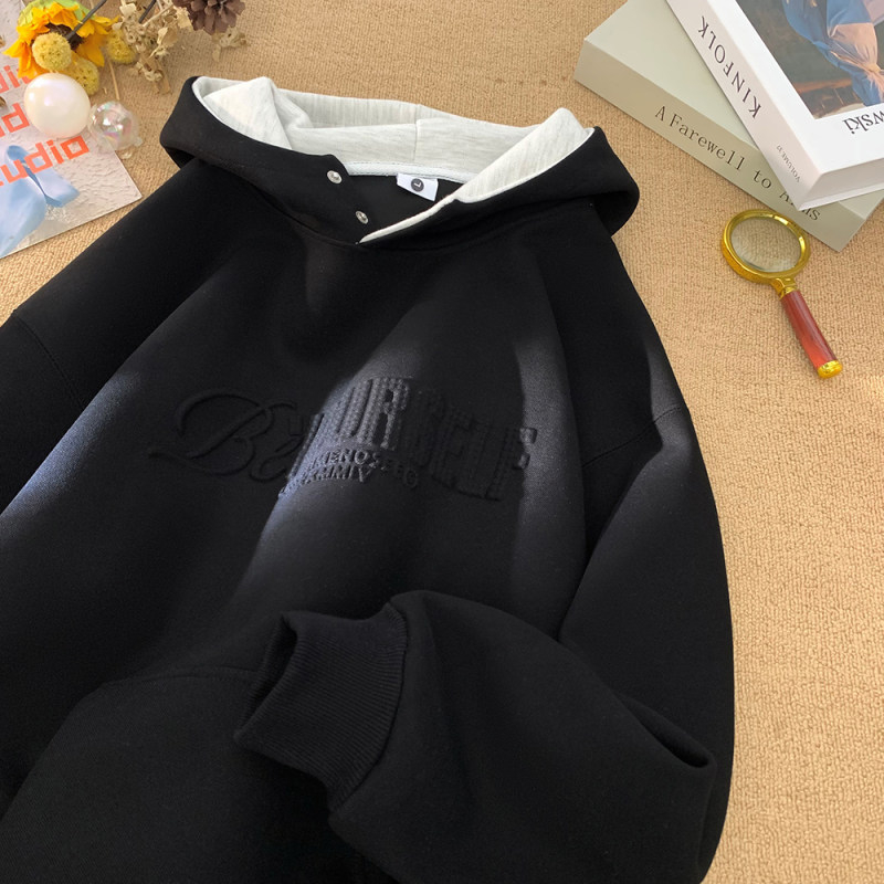 Američki stil teški hoodie s kapuljom, logotipom od metalnog pečata s slovima, opušteni casual kroj, fleece podstava za jesen i zimu, urban street stil