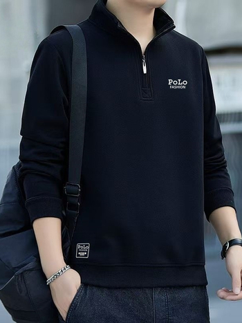 Muški dukserica s poluzipom i stojećim ovratnikom, pamuk-mješavina, dugi rukavi, široki kroj, izšiveno