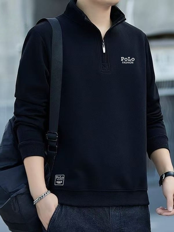 Muški dukserica s poluzipom i stojećim ovratnikom, pamuk-mješavina, dugi rukavi, široki kroj, izšiveno