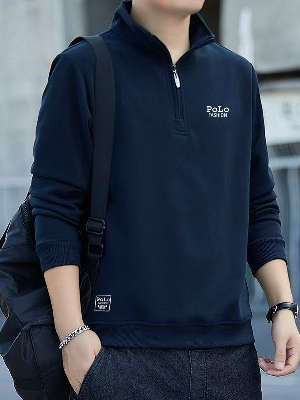 Muški dukserica s poluzipom i stojećim ovratnikom, pamuk-mješavina, dugi rukavi, široki kroj, izšiveno