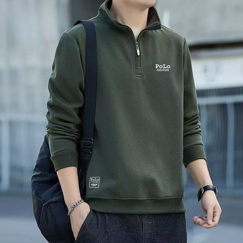 Muški dukserica s poluzipom i stojećim ovratnikom, pamuk-mješavina, dugi rukavi, široki kroj, izšiveno