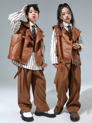 Bērnu hip-hop ādas jakas komplekts ar saplēstām džinsiem – Sintētiskā āda, pavasaris un rudens, 8+ gadu vecumam, izcelsme Zhejiang