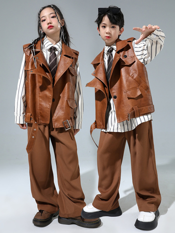 Bērnu hip-hop ādas jakas komplekts ar saplēstām džinsiem – Sintētiskā āda, pavasaris un rudens, 8+ gadu vecumam, izcelsme Zhejiang