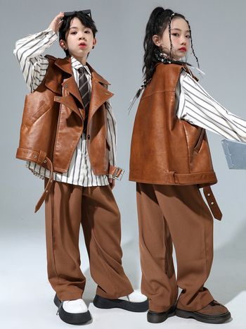 Bērnu hip-hop ādas jakas komplekts ar saplēstām džinsiem – Sintētiskā āda, pavasaris un rudens, 8+ gadu vecumam, izcelsme Zhejiang