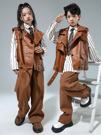 Bērnu hip-hop ādas jakas komplekts ar saplēstām džinsiem – Sintētiskā āda, pavasaris un rudens, 8+ gadu vecumam, izcelsme Zhejiang