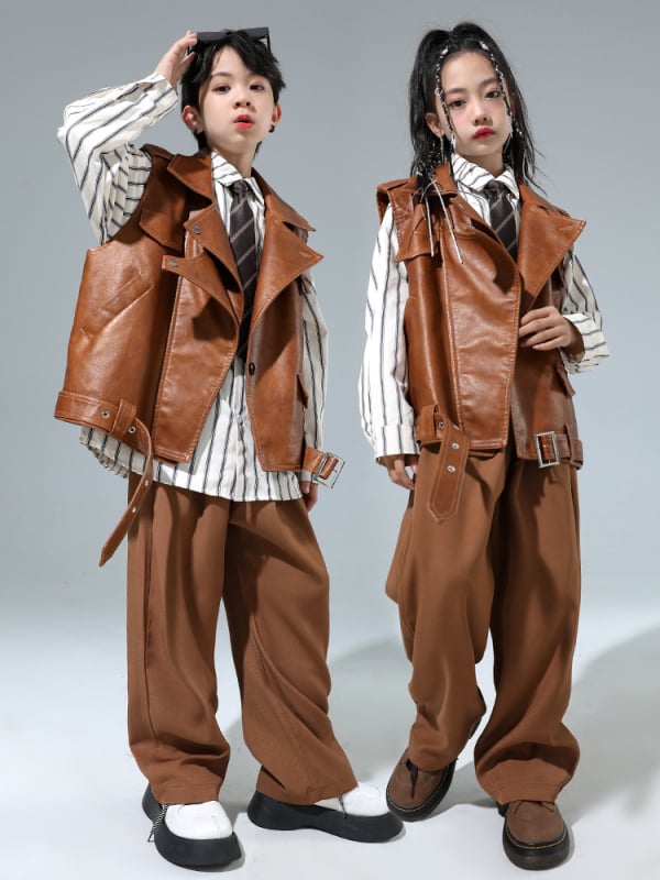 Bērnu hip-hop ādas jakas komplekts ar saplēstām džinsiem – Sintētiskā āda, pavasaris un rudens, 8+ gadu vecumam, izcelsme Zhejiang