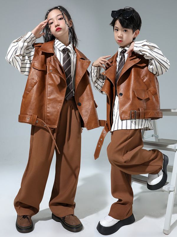 Bērnu hip-hop ādas jakas komplekts ar saplēstām džinsiem – Sintētiskā āda, pavasaris un rudens, 8+ gadu vecumam, izcelsme Zhejiang