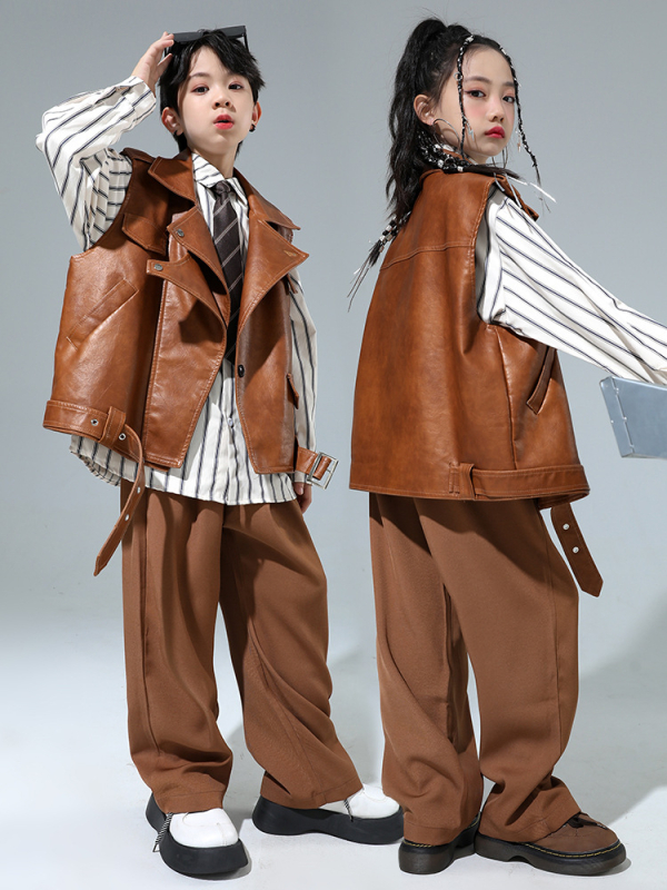 Bērnu hip-hop ādas jakas komplekts ar saplēstām džinsiem – Sintētiskā āda, pavasaris un rudens, 8+ gadu vecumam, izcelsme Zhejiang