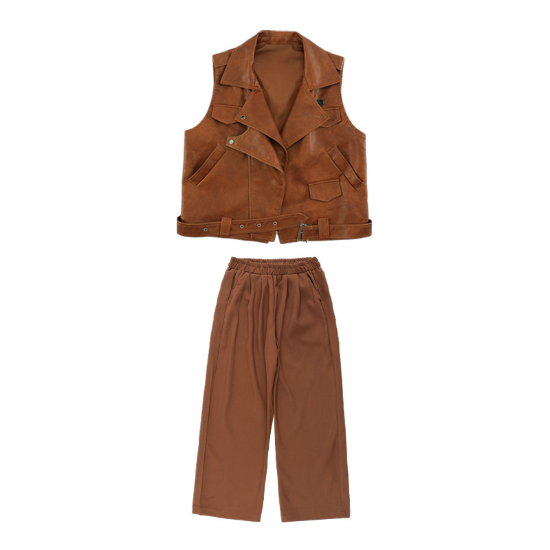 Bērnu hip-hop ādas jakas komplekts ar saplēstām džinsiem – Sintētiskā āda, pavasaris un rudens, 8+ gadu vecumam, izcelsme Zhejiang