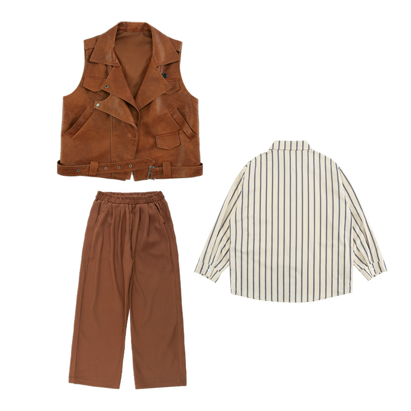 Bērnu hip-hop ādas jakas komplekts ar saplēstām džinsiem – Sintētiskā āda, pavasaris un rudens, 8+ gadu vecumam, izcelsme Zhejiang