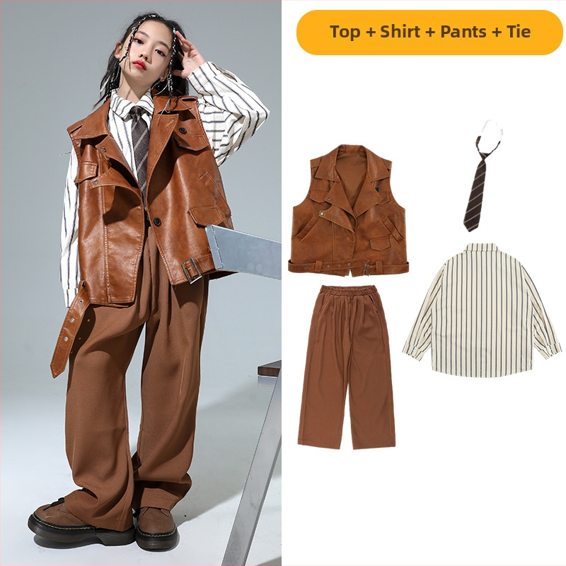 Bērnu hip-hop ādas jakas komplekts ar saplēstām džinsiem – Sintētiskā āda, pavasaris un rudens, 8+ gadu vecumam, izcelsme Zhejiang