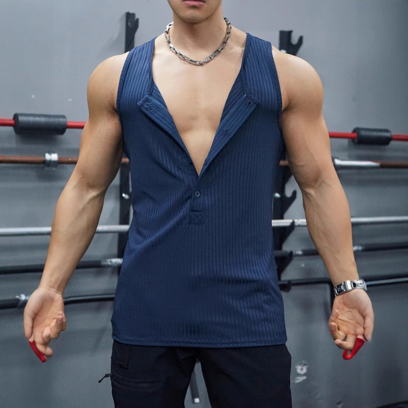 Meeste varrukateta sportlik vest Slim-Fit, ees nupudega, laiad õlad, õhuke kudum, polüester 90% / puuvillasegu, suvi