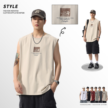 Meeste bezvarrukuline T-särk, puuvillase segu 80/20, vaba lõige, ümmargune kaelus, trükk, sportlik stiil